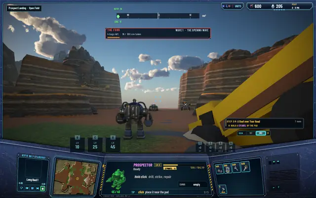 The pilot's Prospector in the open field 30 cells from the impact point, a Gatling Gun and a Sentinel ahead where the star will land