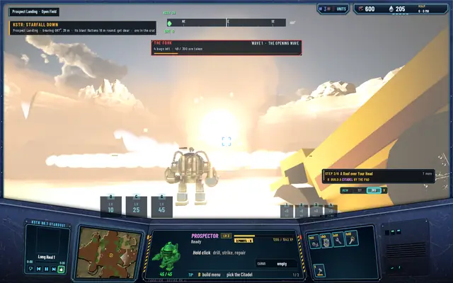 The impact: the whole field washed white, the fireball ahead of the Prospector, the KSTR toast reading STARFALL DOWN, bearing 087 degrees, 29 m, its blast flattens 18 m round, get clear