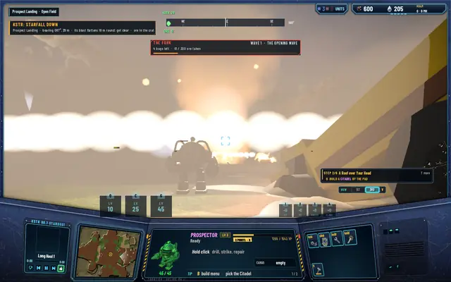 The shockwave: a ring of bright dust racing past the Prospector, the fireball and a column of smoke behind it, glowing rocks in the air