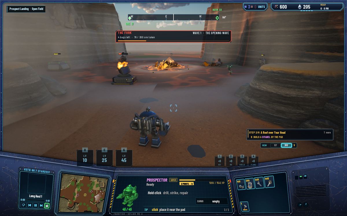 The crater after a starfall in Prospect Landing: a glowing deposit in the scorched middle, a Gatling Gun burning beside it, a Sentinel and a Hab Dome standing farther out, smoke still over the field