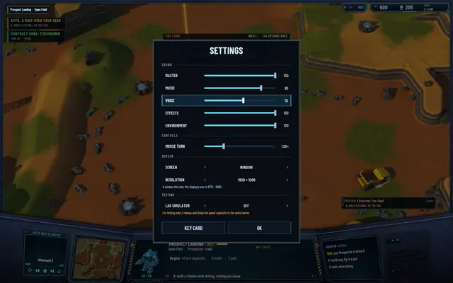 The same page from the pause menu over the top-down view of Prospect Landing, VOICE at 55, SCREEN at WINDOW and RESOLUTION 1920 x 1200, with the line a window this size; the display's own is 6772 x 2880