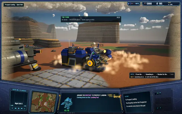 The Dropship down on a Landing Pad at Prospect Landing, dust settling, THE FORK · HELD on the panel