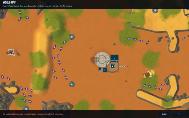 The world map with a message: only one Landing Pad in the realm, here; walk to another region and build one to fly between them