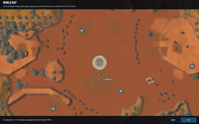 The world map with a pad picked: FLY the Dropship to Landing Pad 1 in Rust Hollow for 15 MH