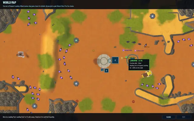 The world map of Prospect Landing with a tooltip on Larkspur: Frontier pilot, Miner, Hauling ore in Prospect Landing, 1st · 2,975 ore this week