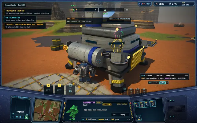 The Citadel from the ground with two frontier pilots' outlines on it, and the toast THE WEEK IS COUNTED: This week's top hauler: Larkspur, 2,980 ore · standings at the Citadel