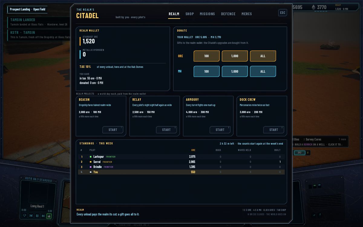 The Citadel's REALM tab with STANDINGS · THIS WEEK under the realm projects: Larkspur, Sorrel and Brindle marked FRONTIER with 2,975, 2,965 and 1,385 ore, then You in gold with 550, four columns ore, bugs, waves held and built, 2 h 32 m left