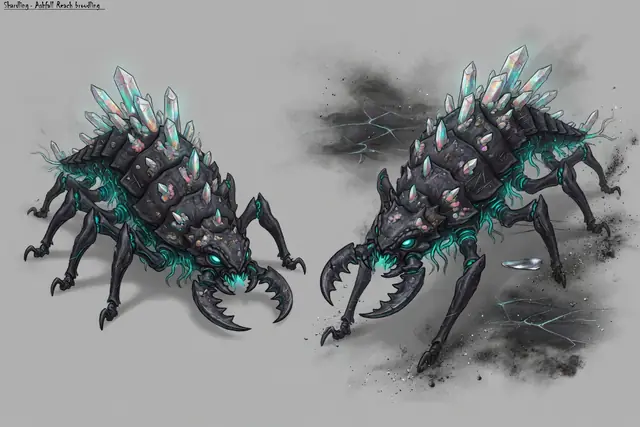 Concept painting of the Shardling: a six-legged bug with opal crystal quills glowing teal at the roots