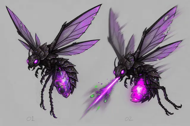 Concept painting of the Gloamwing: violet wings and a glowing lantern abdomen, spitting acid