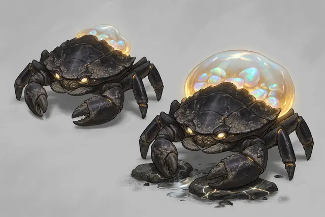 Concept painting of the Lodeback: a crab-like bug carrying a glassy sac full of opal ore