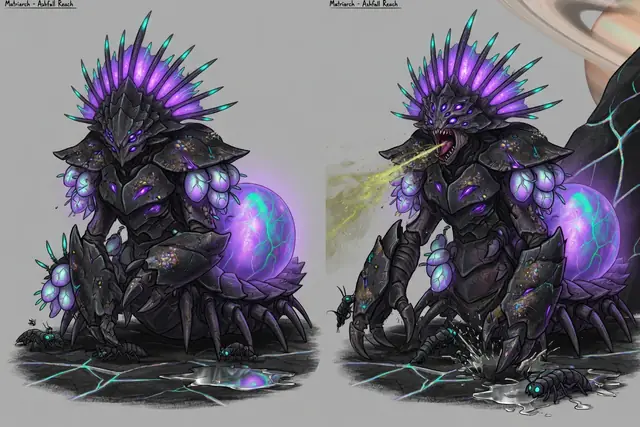 Concept painting of the Matriarch: a towering armoured queen with a violet spine crown and a glowing egg sac