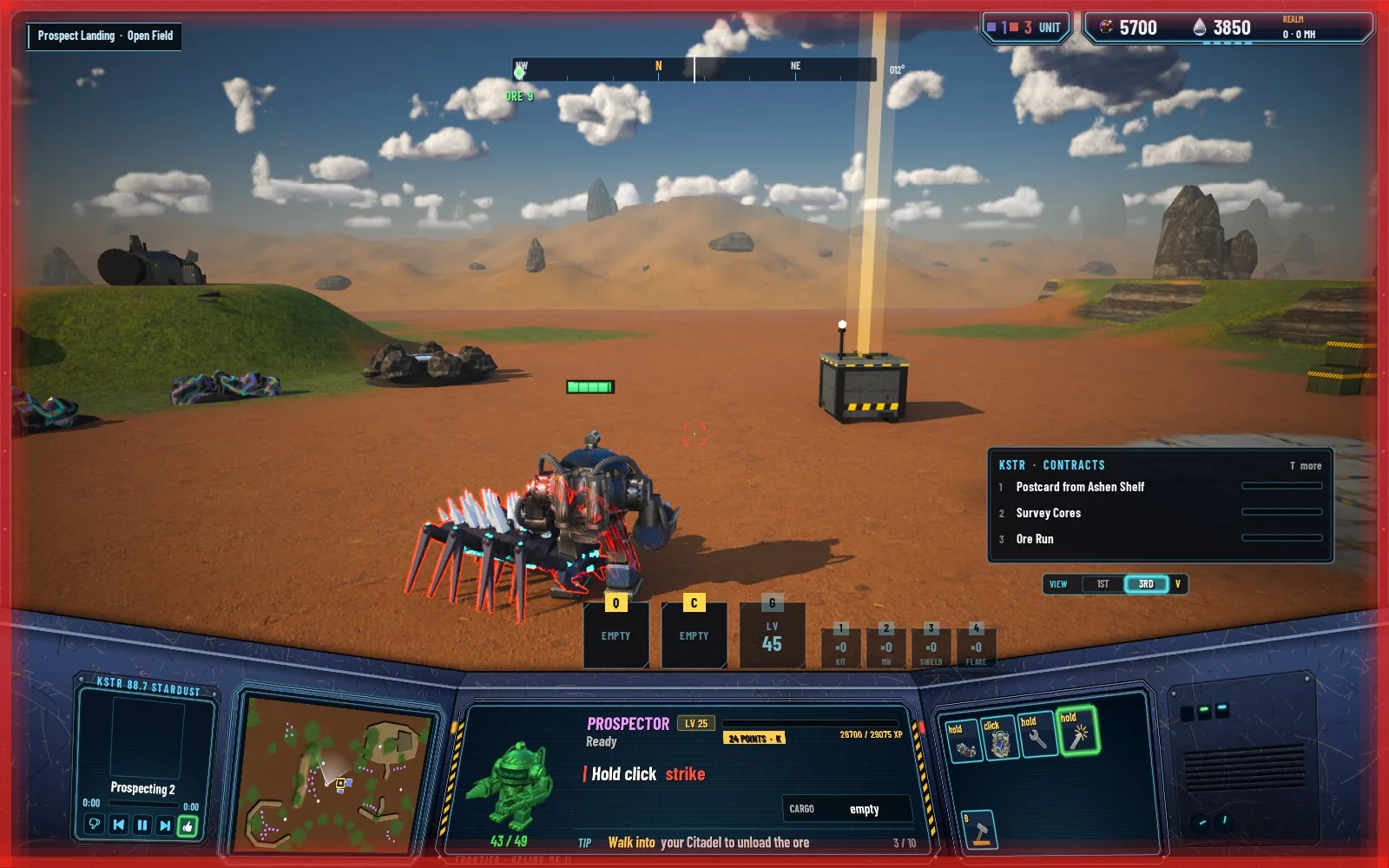 A Shardling biting the Prospector, the screen edged red, the bug outlined in red