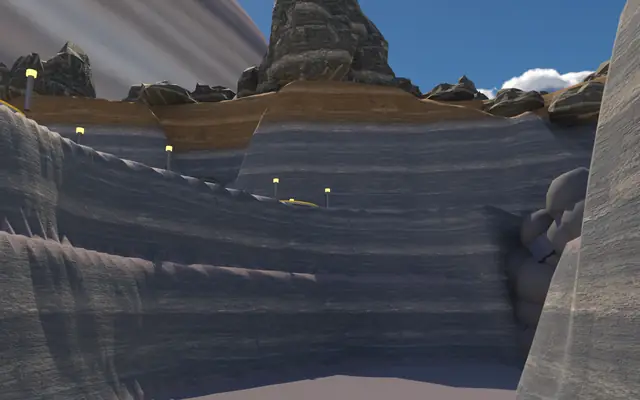 From the canyon floor looking up at a bend, stepped walls, build spot lamps on the rim above