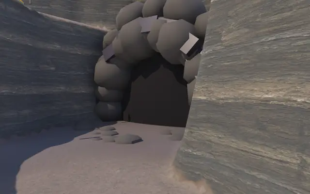 A Brood tunnel: a dark hollow framed by rock at the foot of the canyon wall
