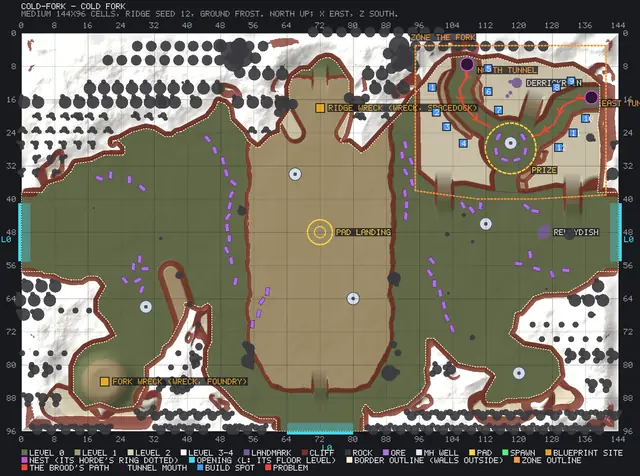 The region tool's preview of Cold Fork: the zone The Fork outlined in the north-east, two red paths from the tunnels to the prize, numbered build spots