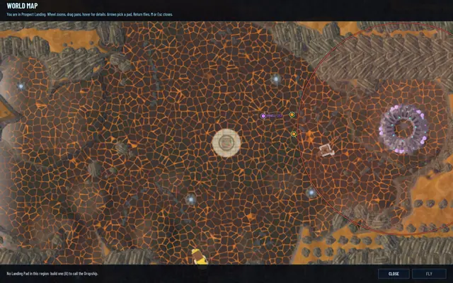 The world map of Slag Pockets with a red ring round the nest on the right, Brindle and two orange guard dots heading for it