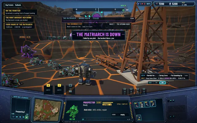 THE MATRIARCH IS DOWN banner, felled by one pilot, the hardest blows: you; toasts THE HUNT BROUGHT HER DOWN and YOUR SHARE OF THE MATRIARCH +3,000 ore +1,500 MH a Lab blueprint