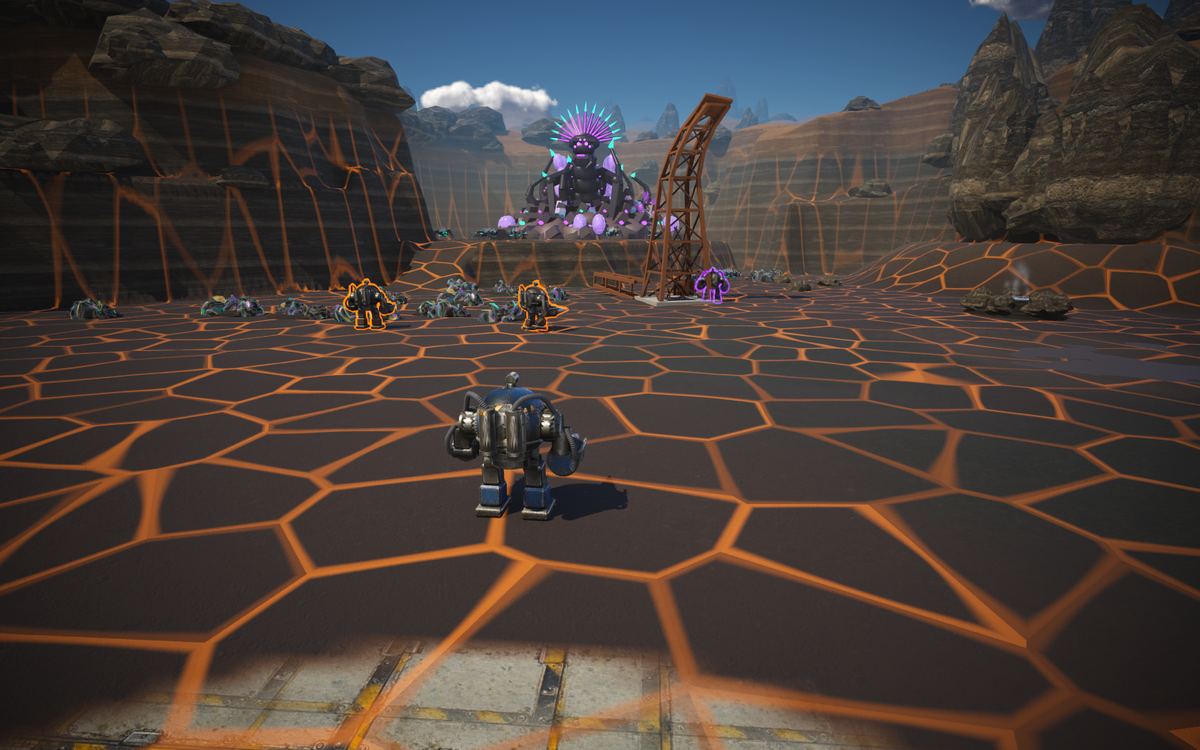 The party at the ring in Slag Pockets: the pilot's Prospector in front, two guard mercenaries outlined orange and a frontier defender outlined purple ahead among the bugs, the Matriarch on her nest in the distance beside a derrick