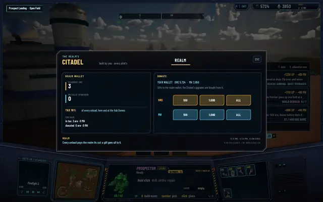 The Citadel screen on its REALM tab: the realm wallet at 3 ore, the 10% tax, donate buttons