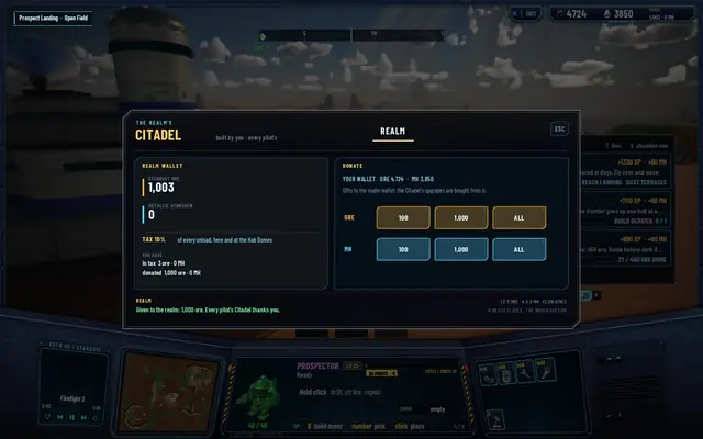 The REALM tab after a donation: 1,003 ore in the realm wallet