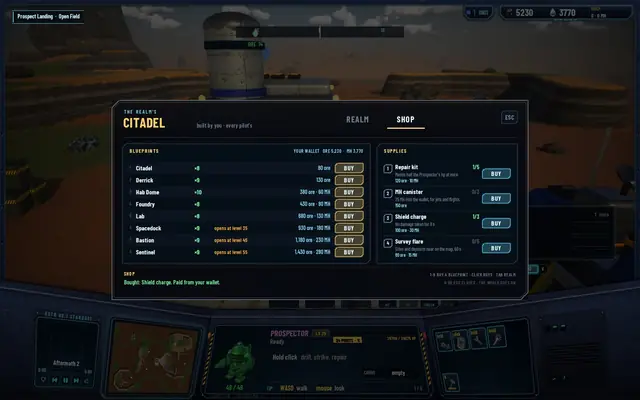 The SHOP tab: eight blueprints with stacks and prices, four supplies