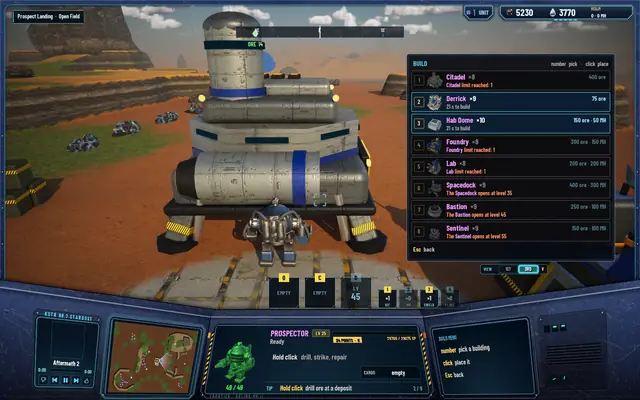 The build menu listing each building with the number of blueprint copies held
