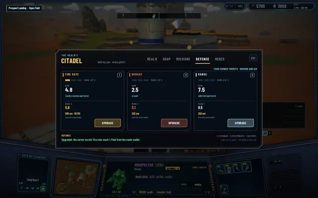 The Citadel's DEFENCE tab with three columns: fire rate, damage and range, each with its mark, value and price