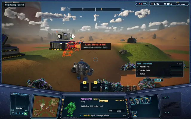 A Shardling caught in the gatling gun's fire, glowing red, with the warning BROOD SWARM, heading for the Gatling Gun