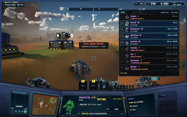 The build menu listing Citadel, Derrick, Gatling Gun, Hab Dome, Sentinel and the rest, with copies held and prices