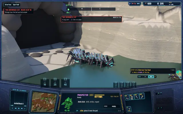 The wave panel THE DROWNED CUT · WAVE 6 / 10, 16 bugs from the Salt and Gull tunnels