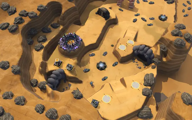 The Roost from above: a sandstone mesa, two winding arms, the basin with the prize and the chitin nest on the spire