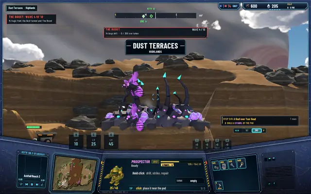 The warning THE ROOST: WAVE 4 OF 10, 14 bugs from the Dust tunnel and The Roost, with the region banner DUST TERRACES