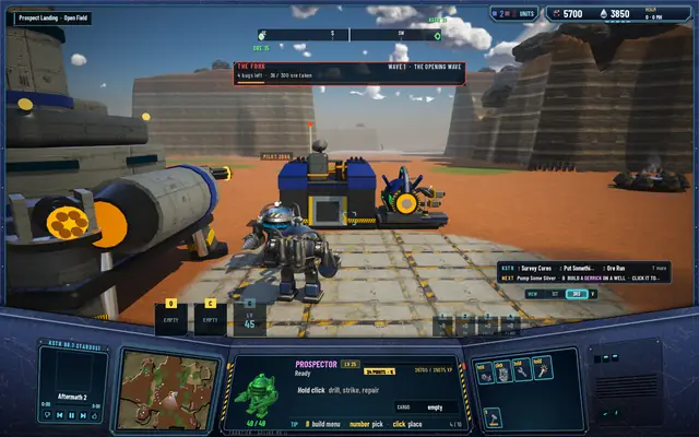 Pilot A's view at the Citadel: the other Prospector with the tag PILOT 2B96 over it, by the Hab Dome and the Foundry