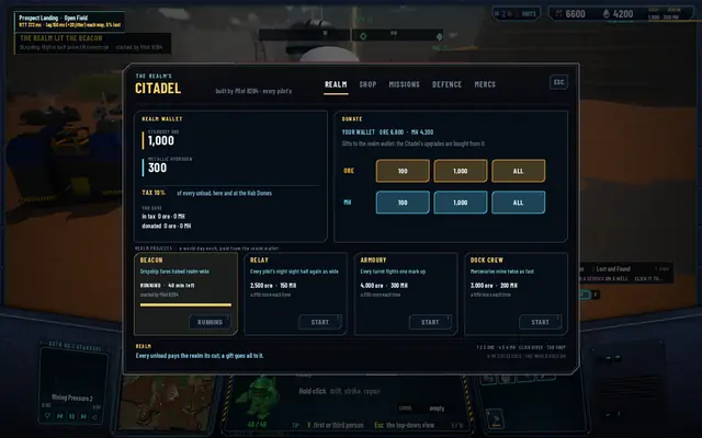 Pilot B's REALM tab: the realm wallet at 1,000 ore and 300 MH, the Beacon card RUNNING with 40 min left, started by Pilot B2B4