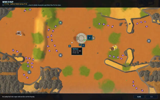 The world map on B's screen with a tooltip on the new Hab Dome: Built by Pilot B2B4, HP 400 / 400