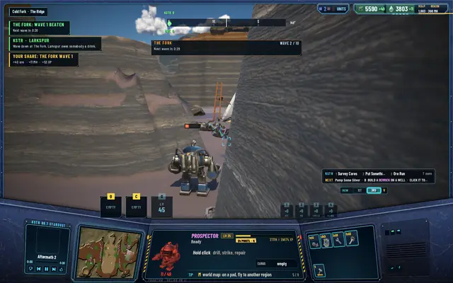 Pilot A in The Fork's passage with the toasts THE FORK: WAVE 1 BEATEN, KSTR Larkspur's line, and YOUR SHARE: THE FORK WAVE 1 +40 ore +11 MH +53 XP