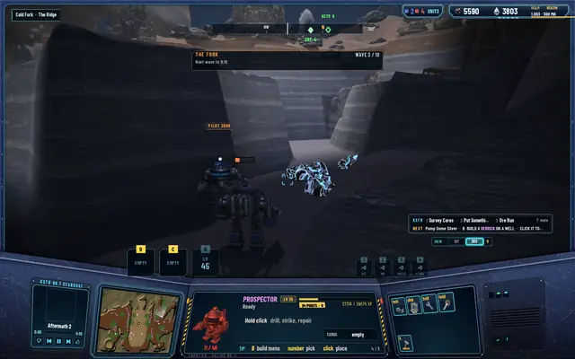 Night in The Fork on A's screen, the tag PILOT 2B96 back over the other Prospector beside a bug