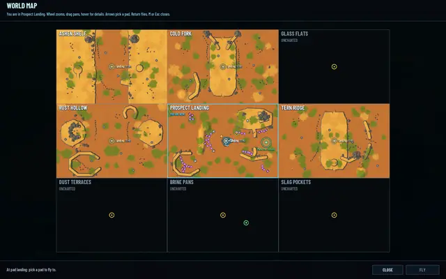 The world map when it first landed: six regions in desert colours, three still dark and UNCHARTED