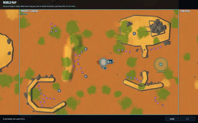 Zoomed in on Prospect Landing: the Citadel, pads, deposits in violet, plants and cliffs