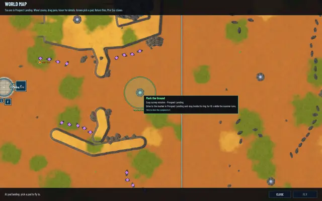 The map with a tooltip on a mission marker: Mark the Ground, an easy survey mission in Prospect Landing
