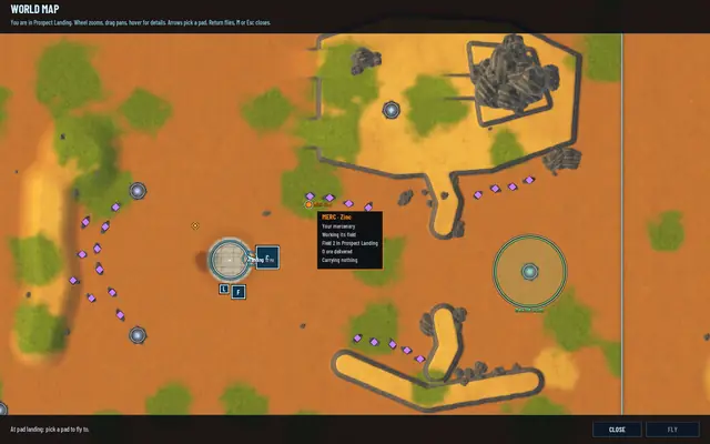 The map with a tooltip on a mercenary named Zinc, working field 2 in Prospect Landing
