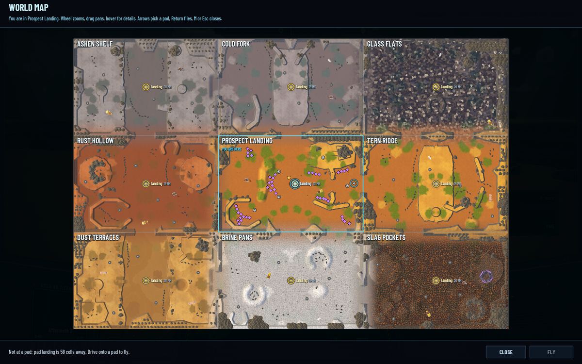 The world map: nine regions in a three by three grid, each a top-down picture of its ground, from grey ash and glittering glass to rust, salt and slag