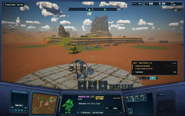 The Prospector on its landing pad at Prospect Landing, before the game quits