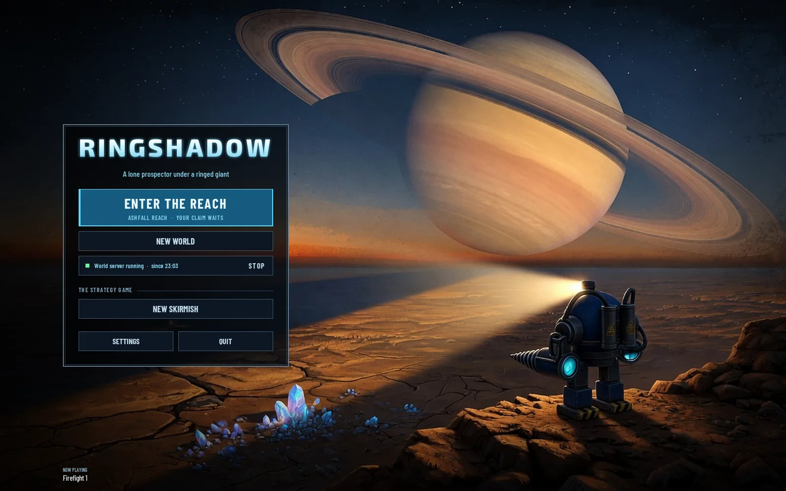 The home screen with a line reading World server running, since 23:03, and a STOP button